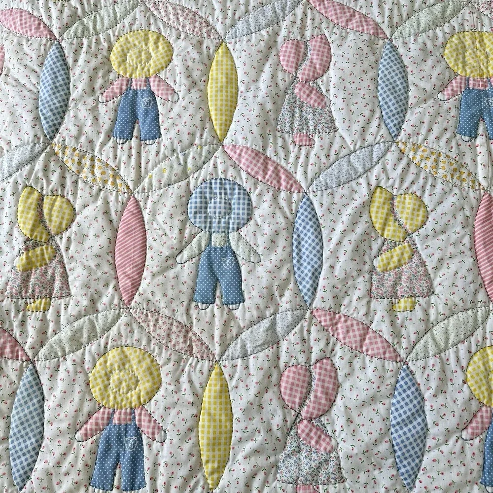 Vintage Sunbonnet Sue Sam Quilt Handmade Hand stitched Cotton Blue Pink Yellow